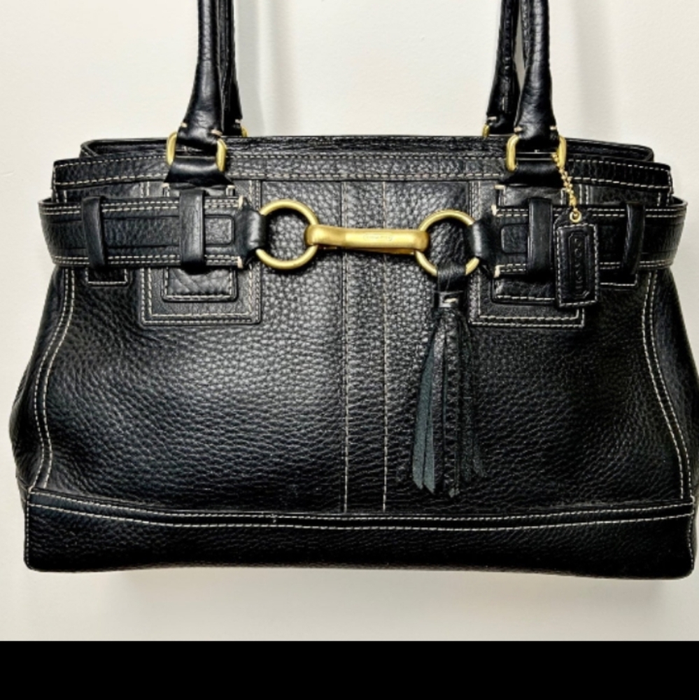 Coach Black Pebbled Leather Hampton Bag Gold Hard Ware Charms Included D…